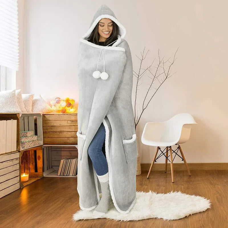 Winter Sherpa Blanket Without Sleeves Plush Fleece Hoodies TV Blankets Super Long Flannel Hooded