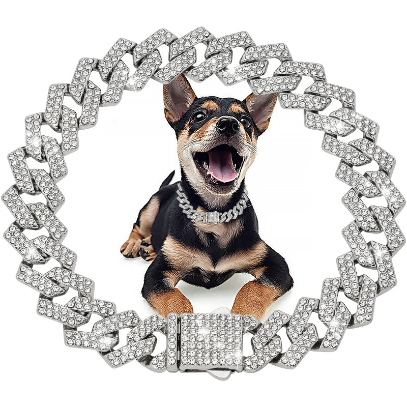 Dog Chain Diamond Cuban Collar Walking Metal Chain Collar with Design Secure Buckle