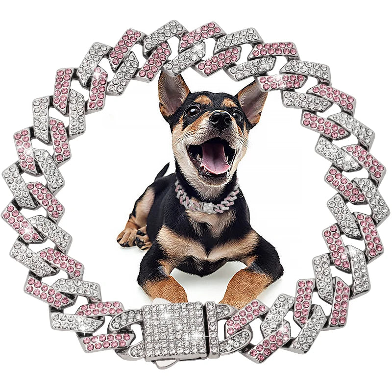 Dog Chain Diamond Cuban Collar Walking Metal Chain Collar with Design Secure Buckle