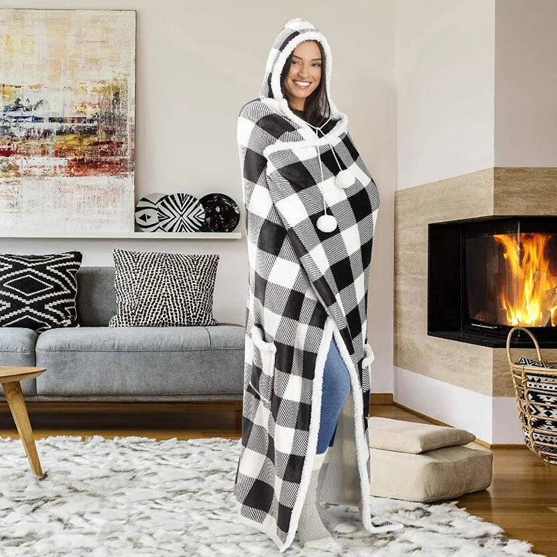 Winter Sherpa Blanket Without Sleeves Plush Fleece Hoodies TV Blankets Super Long Flannel Hooded