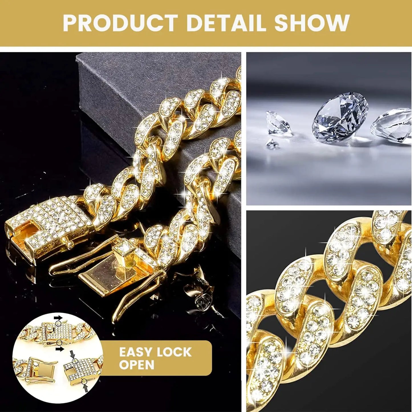 Dog Chain Diamond Cuban Collar Walking Metal Chain Collar with Design Secure Buckle