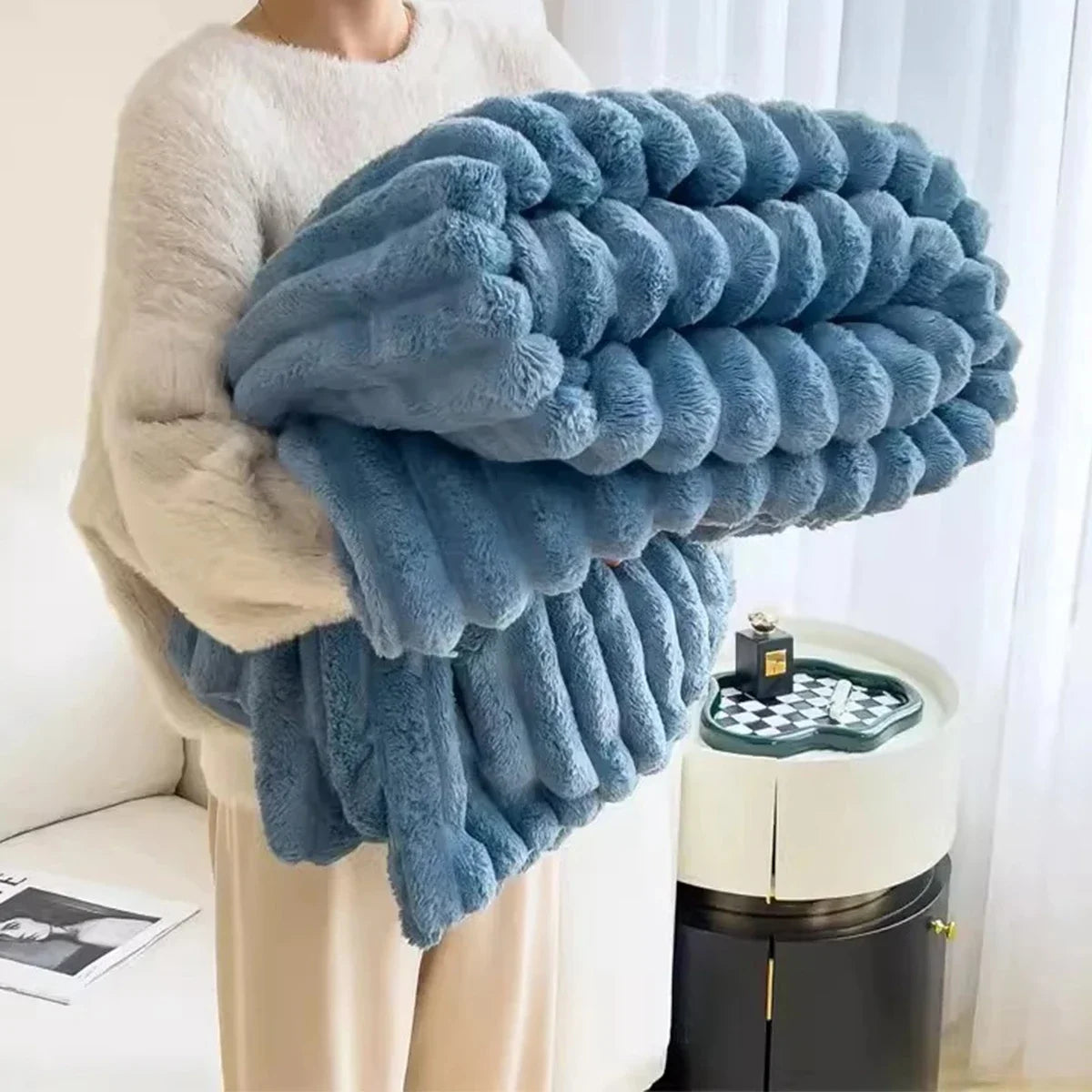 Solid Color Thickened Wide Striped Multifunctional Blanket.