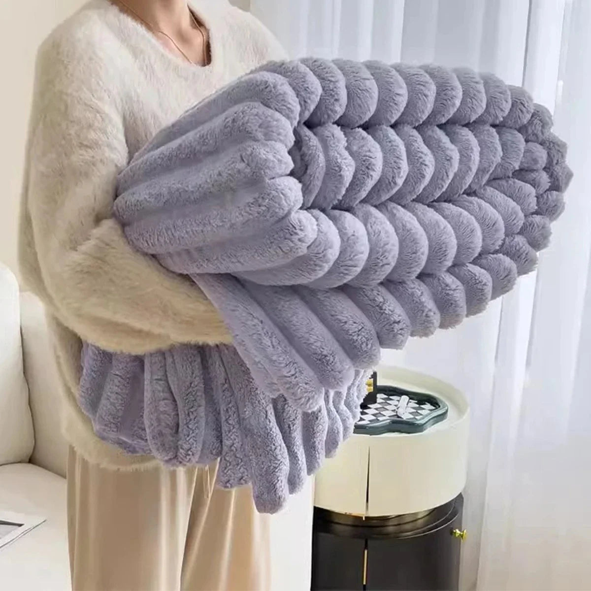 Solid Color Thickened Wide Striped Multifunctional Blanket.