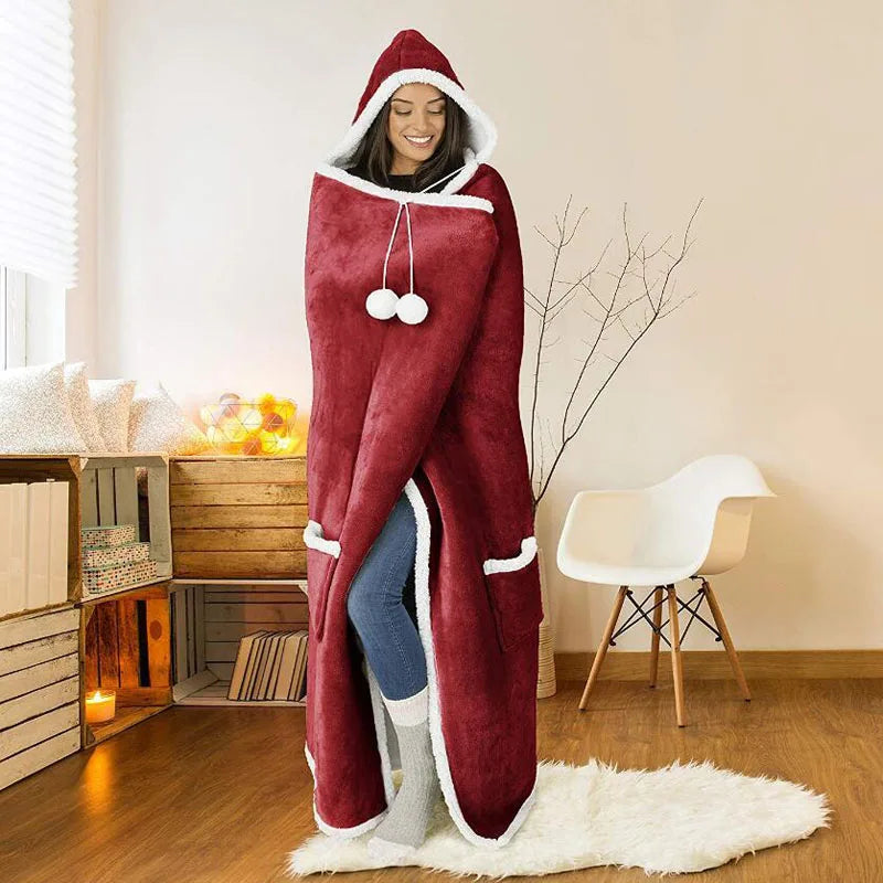 Winter Sherpa Blanket Without Sleeves Plush Fleece Hoodies TV Blankets Super Long Flannel Hooded