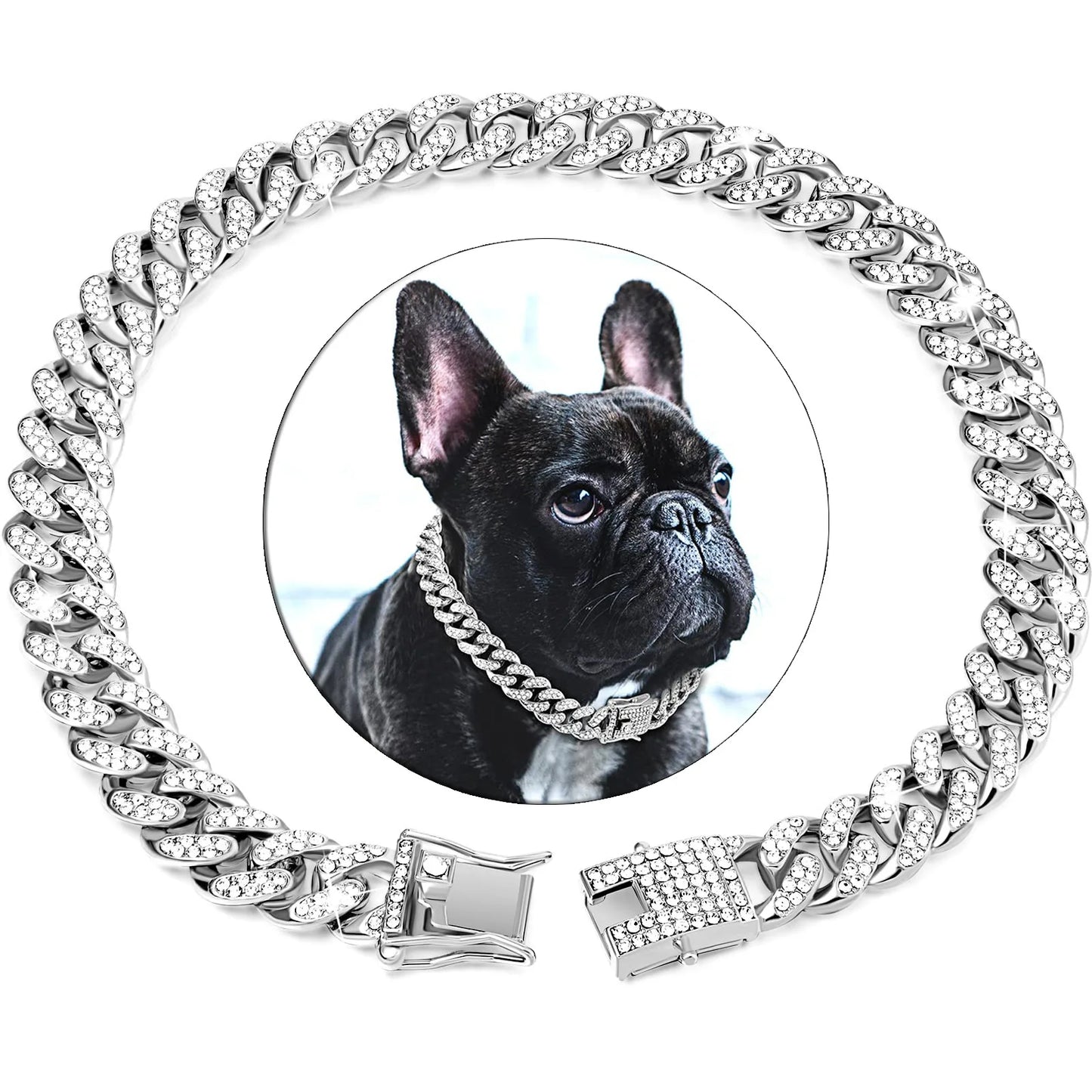 Dog Chain Diamond Cuban Collar Walking Metal Chain Collar with Design Secure Buckle