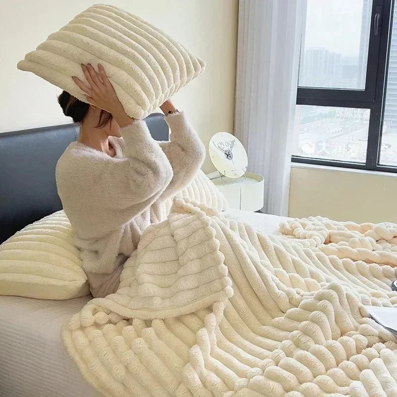 Solid Color Thickened Wide Striped Multifunctional Blanket.