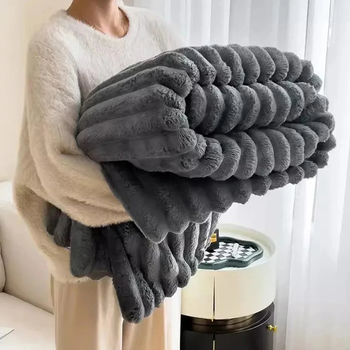 Solid Color Thickened Wide Striped Multifunctional Blanket.
