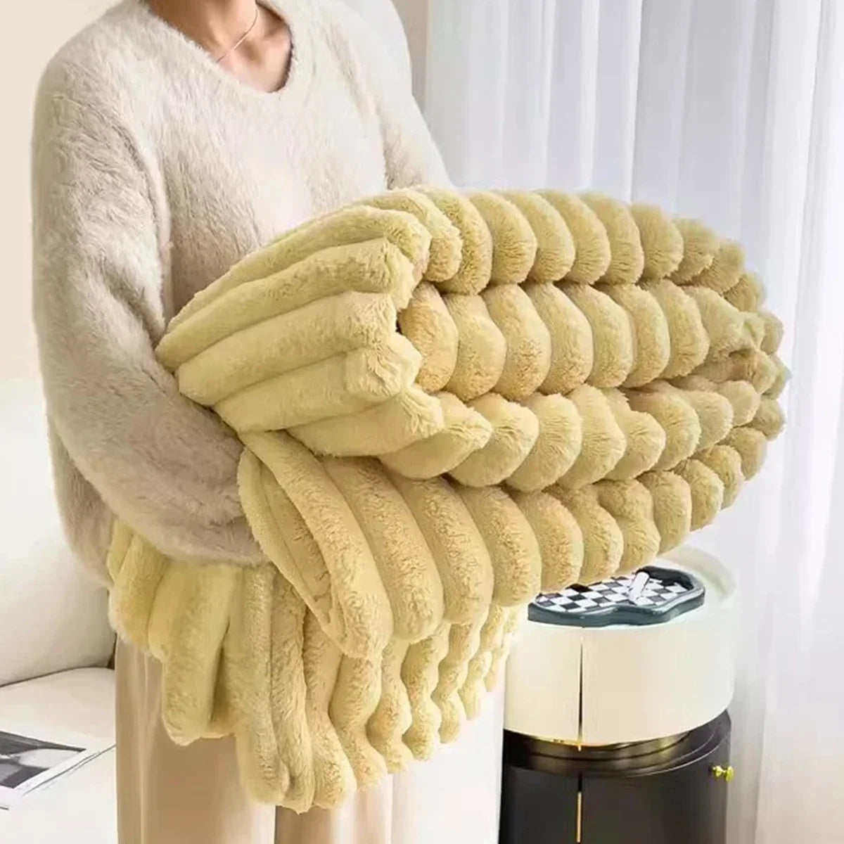 Solid Color Thickened Wide Striped Multifunctional Blanket.