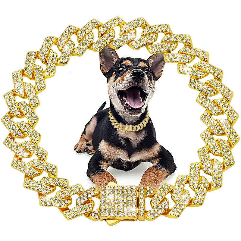 Dog Chain Diamond Cuban Collar Walking Metal Chain Collar with Design Secure Buckle