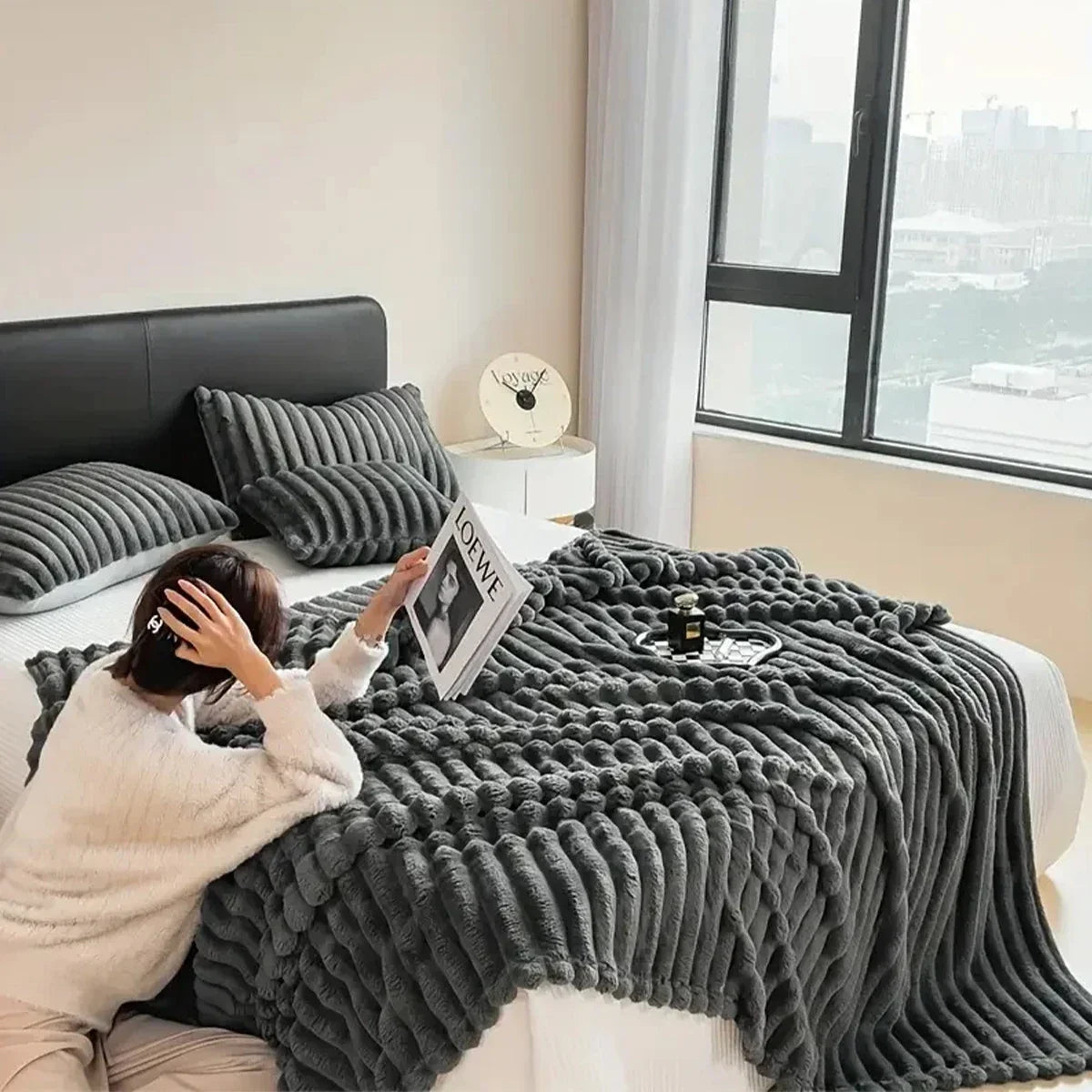 Solid Color Thickened Wide Striped Multifunctional Blanket.