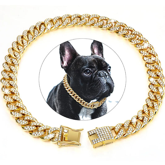 Dog Chain Diamond Cuban Collar Walking Metal Chain Collar with Design Secure Buckle
