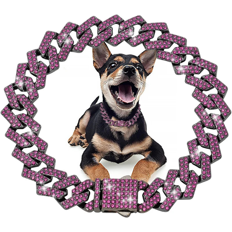 Dog Chain Diamond Cuban Collar Walking Metal Chain Collar with Design Secure Buckle