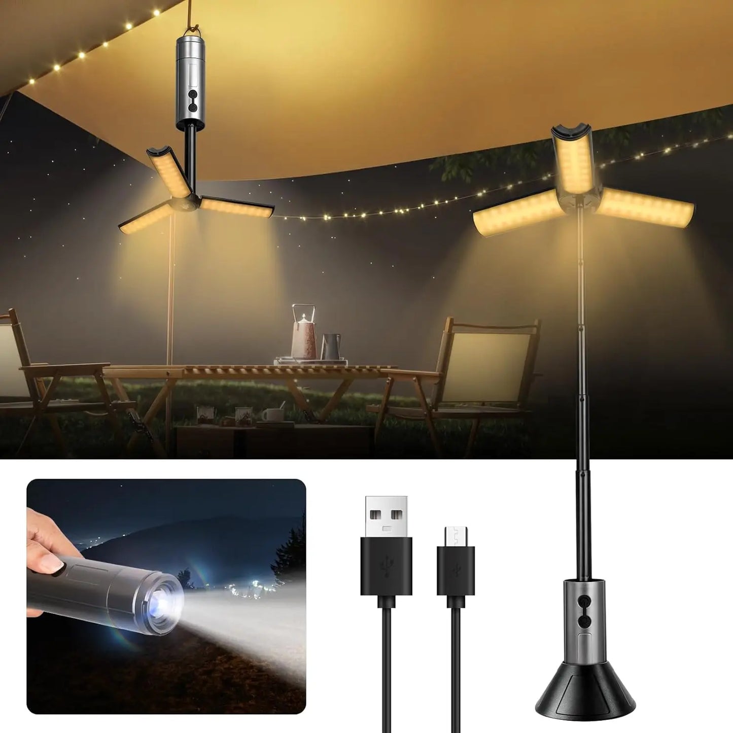 Foldable Camping Lights 3000mAh Rechargeable Lantern 3 in 1 Portable Flashlight LED