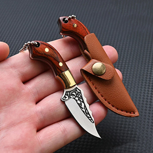 New Mini Outdoor Pocket Knife Keychain Solid Wood Handle Knife With Leather Case